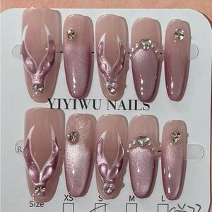 [S] 💅🤍 10Pcs Wearable Press on Nails Pink Long Pearls Jewels Hearts Rhinestones